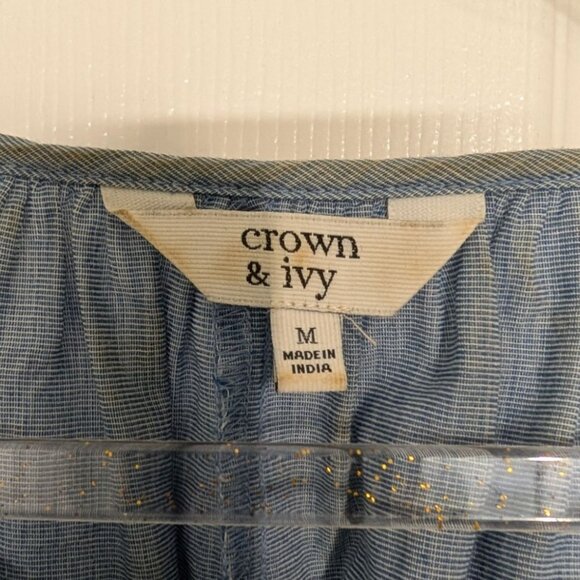 Crown & Ivy Embroidered Shirt Womens Size Medium Blue Floral Bird Beaded Tassels - Picture 7 of 14